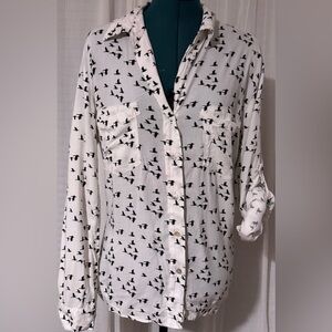 Just Living. White Button-down Shirt with Black Bird Design